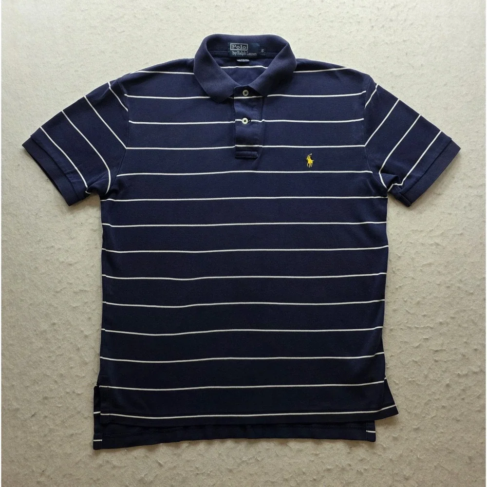 Polo Ralph Lauren Men's Blue w White Stripes w Yellow Pony Polo Shirt. Size S